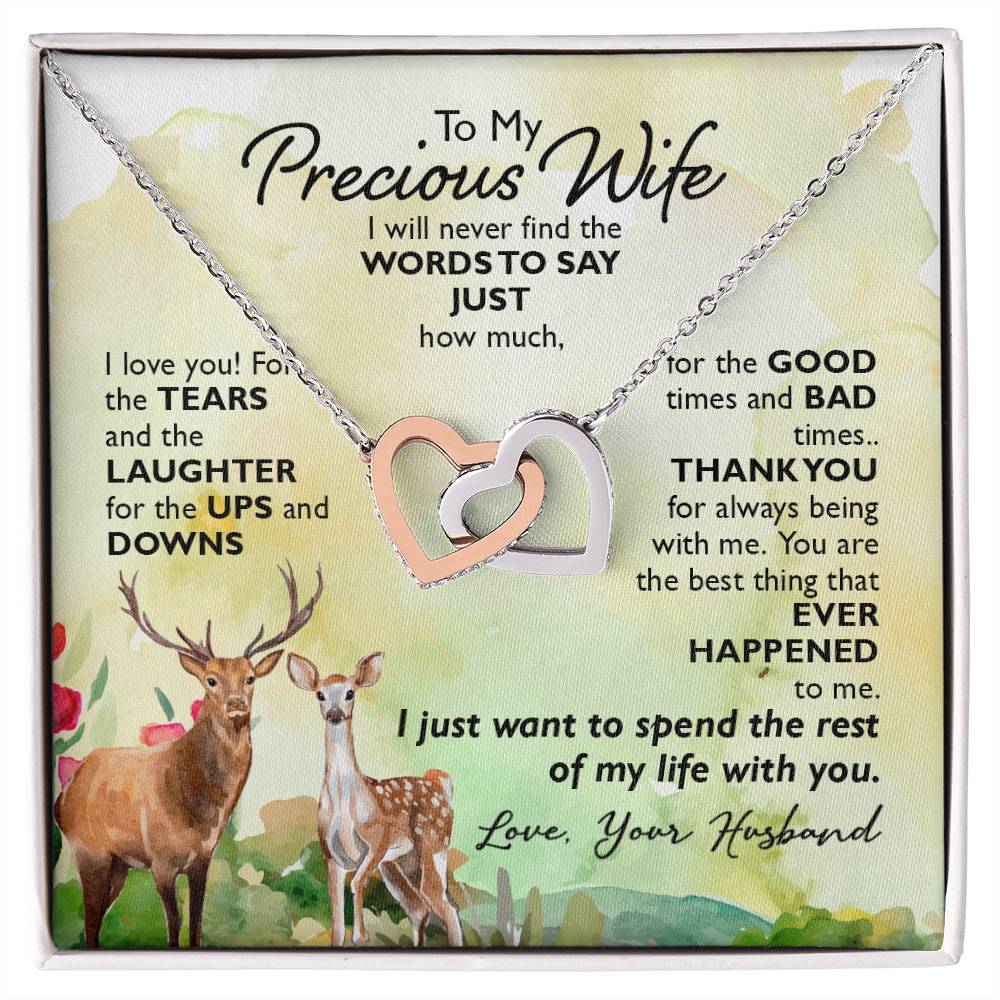 TO MY PRECIOUS WIFE, INTERLOCKING HEART NECKLACE, UNIQUE GIFT WITH BEAUTIFUL MESSAGE CARD FOR HER, BIRTHDAY AND ANNIVERSARY GIFT, NECKLACE JWELERY FOR HER
