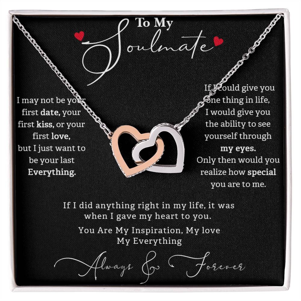 TO MY SOULMATE, INTERLOCKING HEART NECKLACE WITH MESSAGE CARD, BIRTHDAY AND ANNIVERSAY GIFT FOR HER, NECKLACE JWELERY