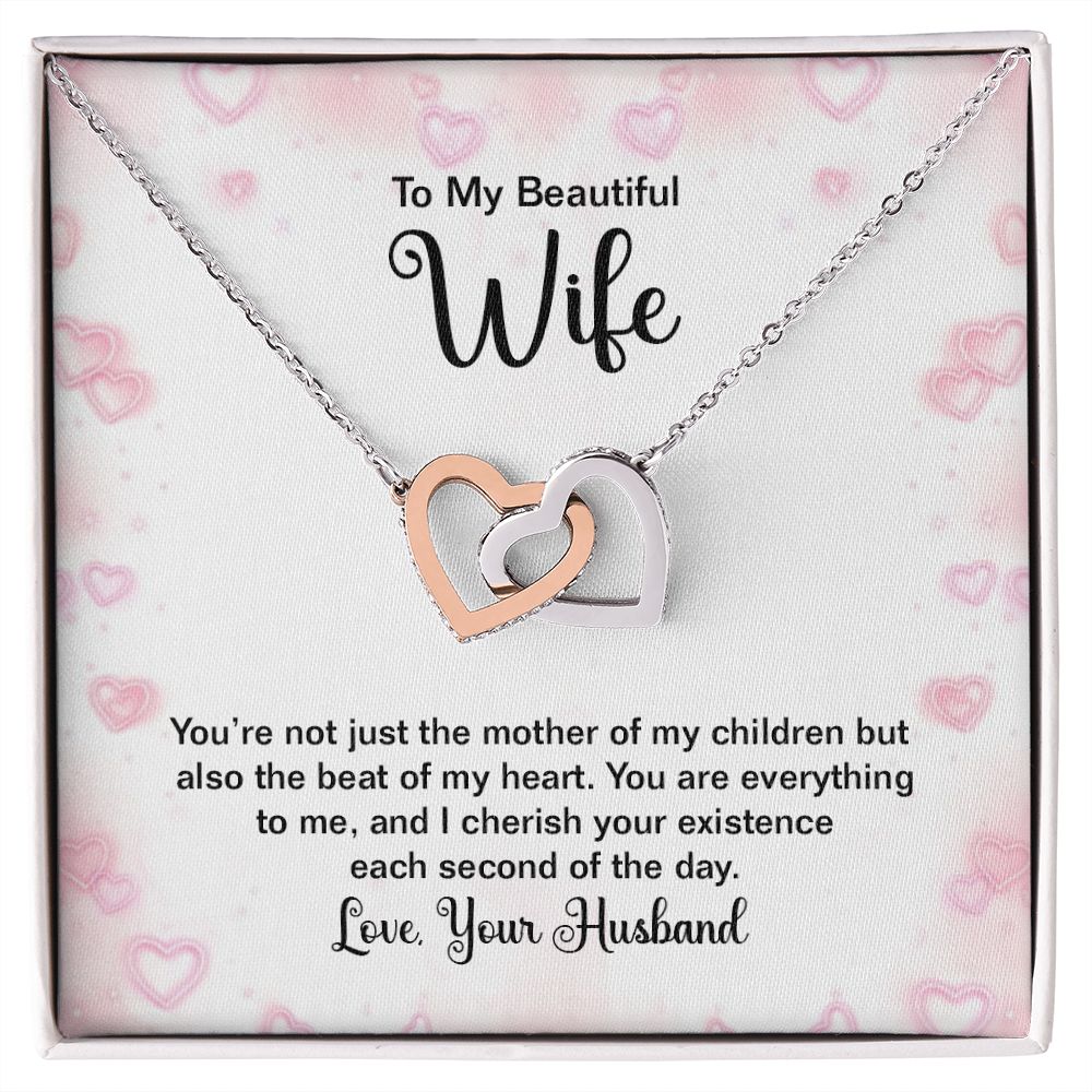 TO MY BEAUTIFUL WIFE, INTERLOCKING HEART NECKLACE WITH MESSAGE CARD, BIRTHDAY AND ANNIVERSARY GIFT, UNIQUE GIFT FO HER, NECKLACE JWELERY