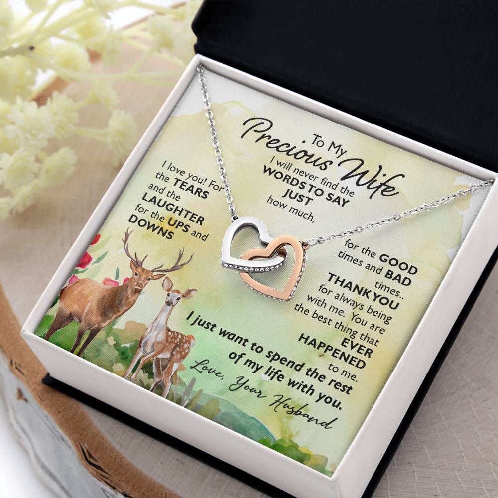 TO MY PRECIOUS WIFE, INTERLOCKING HEART NECKLACE, UNIQUE GIFT WITH BEAUTIFUL MESSAGE CARD FOR HER, BIRTHDAY AND ANNIVERSARY GIFT, NECKLACE JWELERY FOR HER