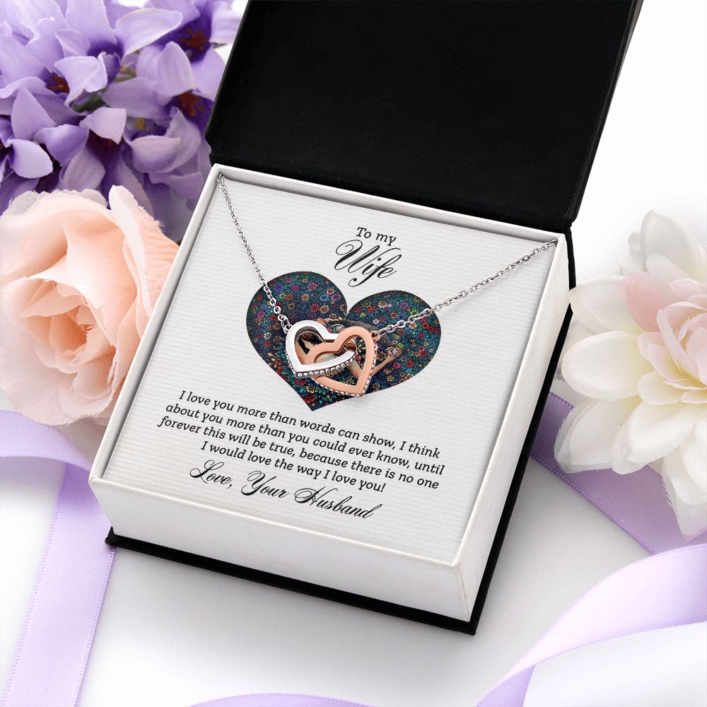 TO MY WIFE, INTERLOCKING HEART NECKLACE FOR WIFE, BIRTHDAY AND ANNIVERSAY GIFT FOR HER, NECKLACE JWELERY WITH MESSAGE CARD