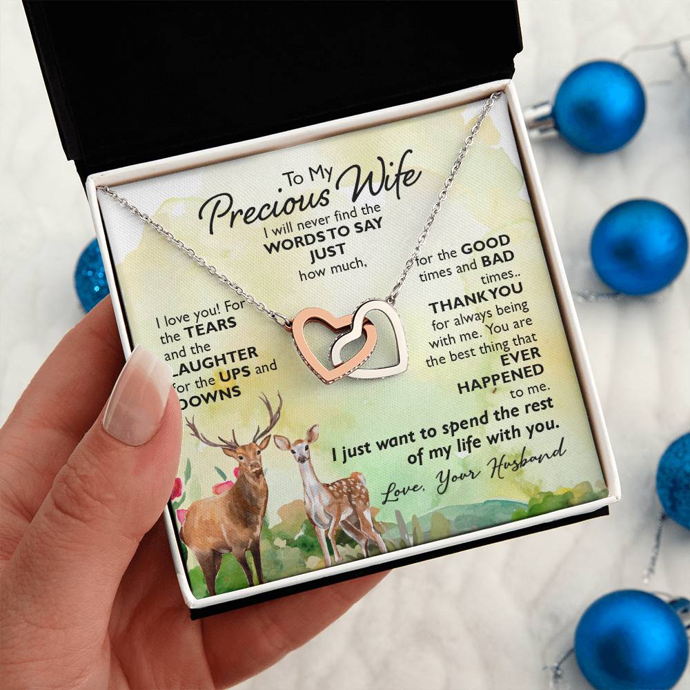 TO MY PRECIOUS WIFE, INTERLOCKING HEART NECKLACE, UNIQUE GIFT WITH BEAUTIFUL MESSAGE CARD FOR HER, BIRTHDAY AND ANNIVERSARY GIFT, NECKLACE JWELERY FOR HER
