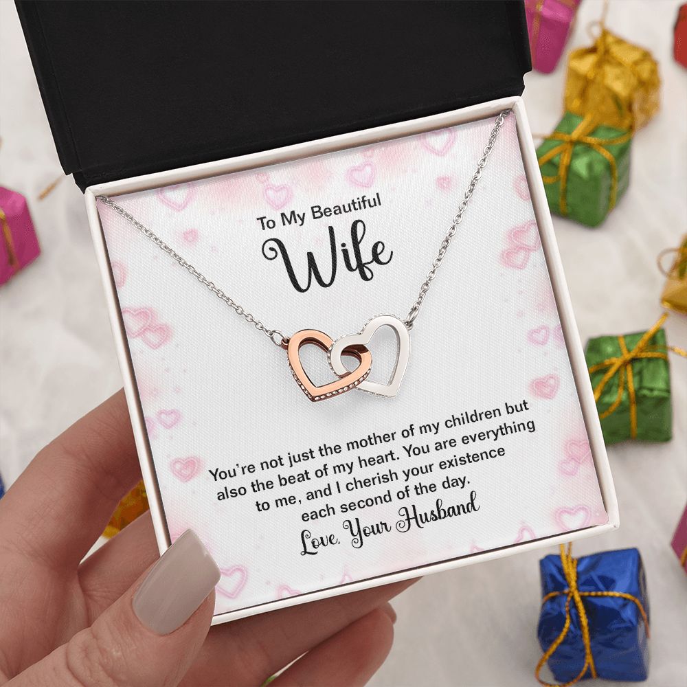 TO MY BEAUTIFUL WIFE, INTERLOCKING HEART NECKLACE WITH MESSAGE CARD, BIRTHDAY AND ANNIVERSARY GIFT, UNIQUE GIFT FO HER, NECKLACE JWELERY