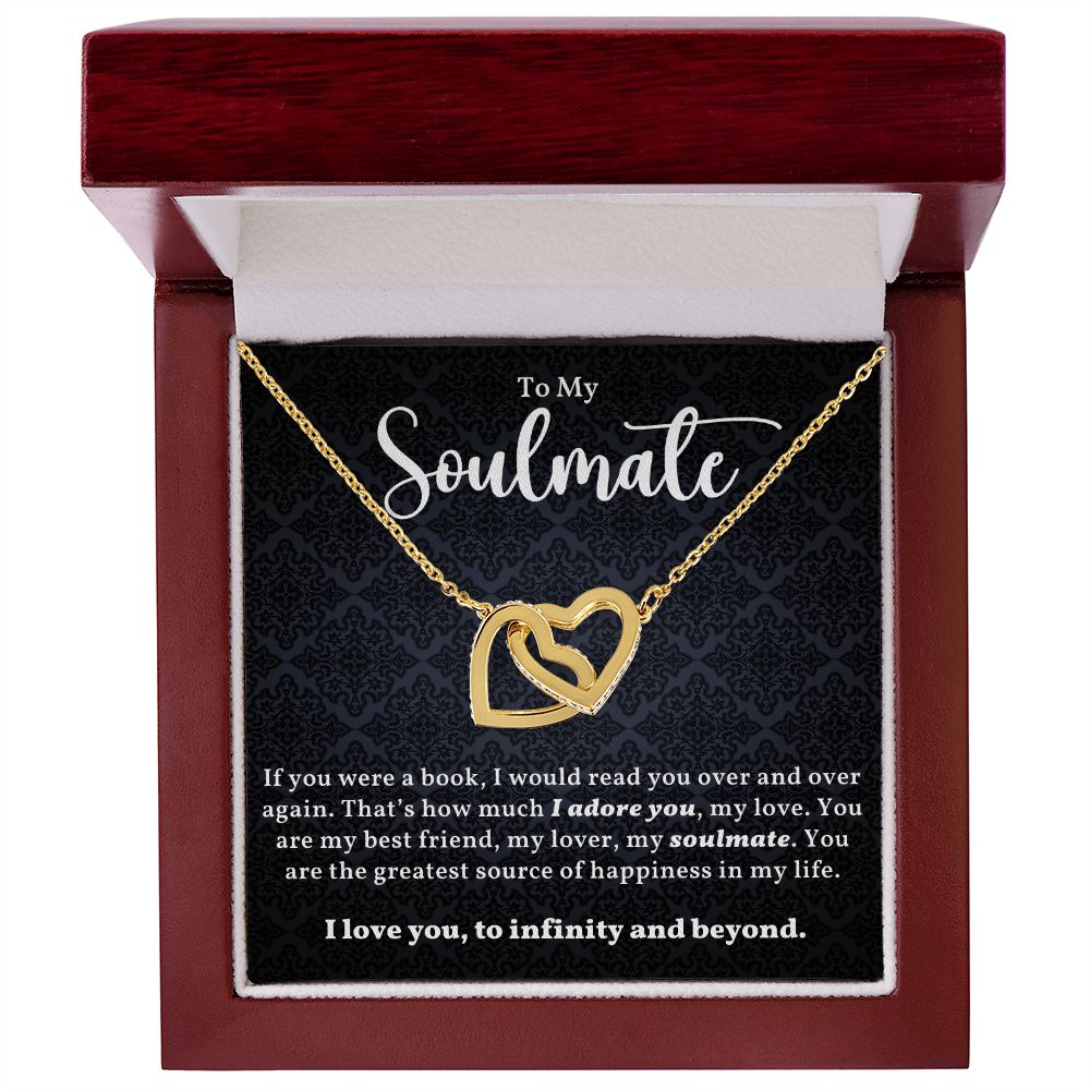 TO MY SOULMATE, INTERLOCKING HEART NECKLACE WITH MESSAGE CARD, GIFT FOR HER