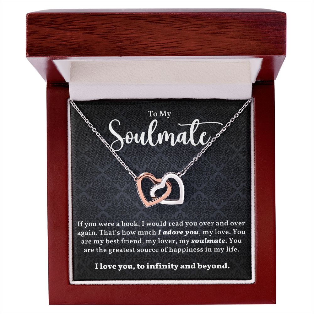 TO MY SOULMATE, INTERLOCKING HEART NECKLACE WITH MESSAGE CARD, GIFT FOR HER