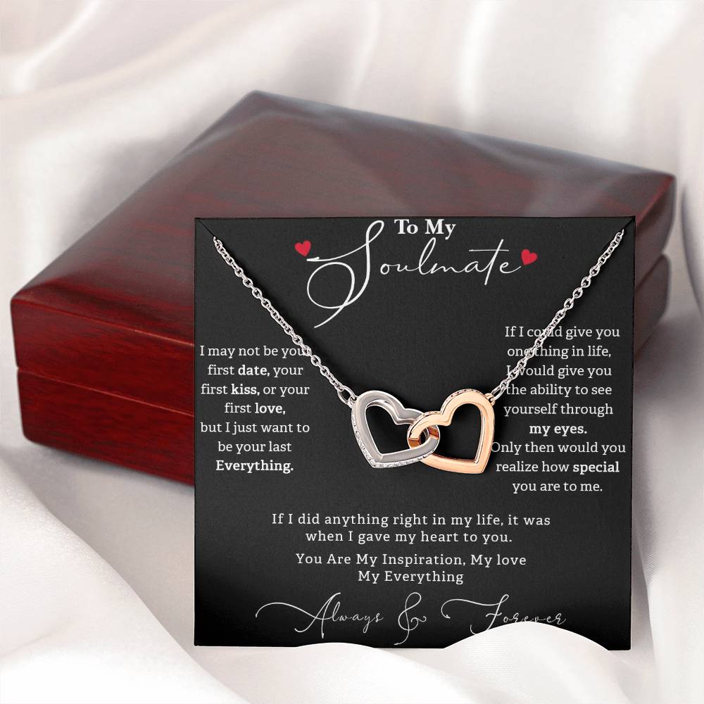 TO MY SOULMATE, INTERLOCKING HEART NECKLACE WITH MESSAGE CARD, BIRTHDAY AND ANNIVERSAY GIFT FOR HER, NECKLACE JWELERY