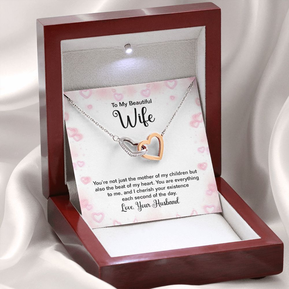 TO MY BEAUTIFUL WIFE, INTERLOCKING HEART NECKLACE WITH MESSAGE CARD, BIRTHDAY AND ANNIVERSARY GIFT, UNIQUE GIFT FO HER, NECKLACE JWELERY
