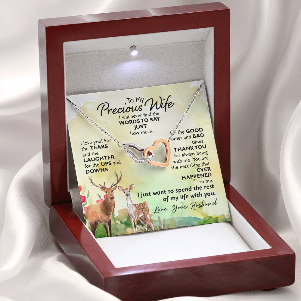 TO MY PRECIOUS WIFE, INTERLOCKING HEART NECKLACE, UNIQUE GIFT WITH BEAUTIFUL MESSAGE CARD FOR HER, BIRTHDAY AND ANNIVERSARY GIFT, NECKLACE JWELERY FOR HER