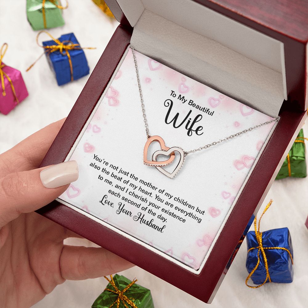 TO MY BEAUTIFUL WIFE, INTERLOCKING HEART NECKLACE WITH MESSAGE CARD, BIRTHDAY AND ANNIVERSARY GIFT, UNIQUE GIFT FO HER, NECKLACE JWELERY
