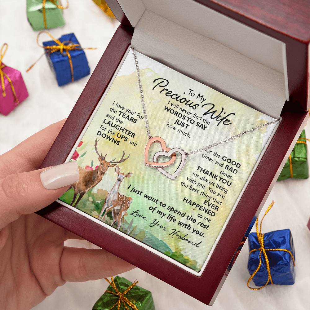 TO MY PRECIOUS WIFE, INTERLOCKING HEART NECKLACE, UNIQUE GIFT WITH BEAUTIFUL MESSAGE CARD FOR HER, BIRTHDAY AND ANNIVERSARY GIFT, NECKLACE JWELERY FOR HER