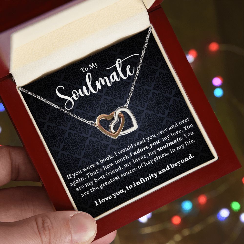 TO MY SOULMATE, INTERLOCKING HEART NECKLACE WITH MESSAGE CARD, GIFT FOR HER