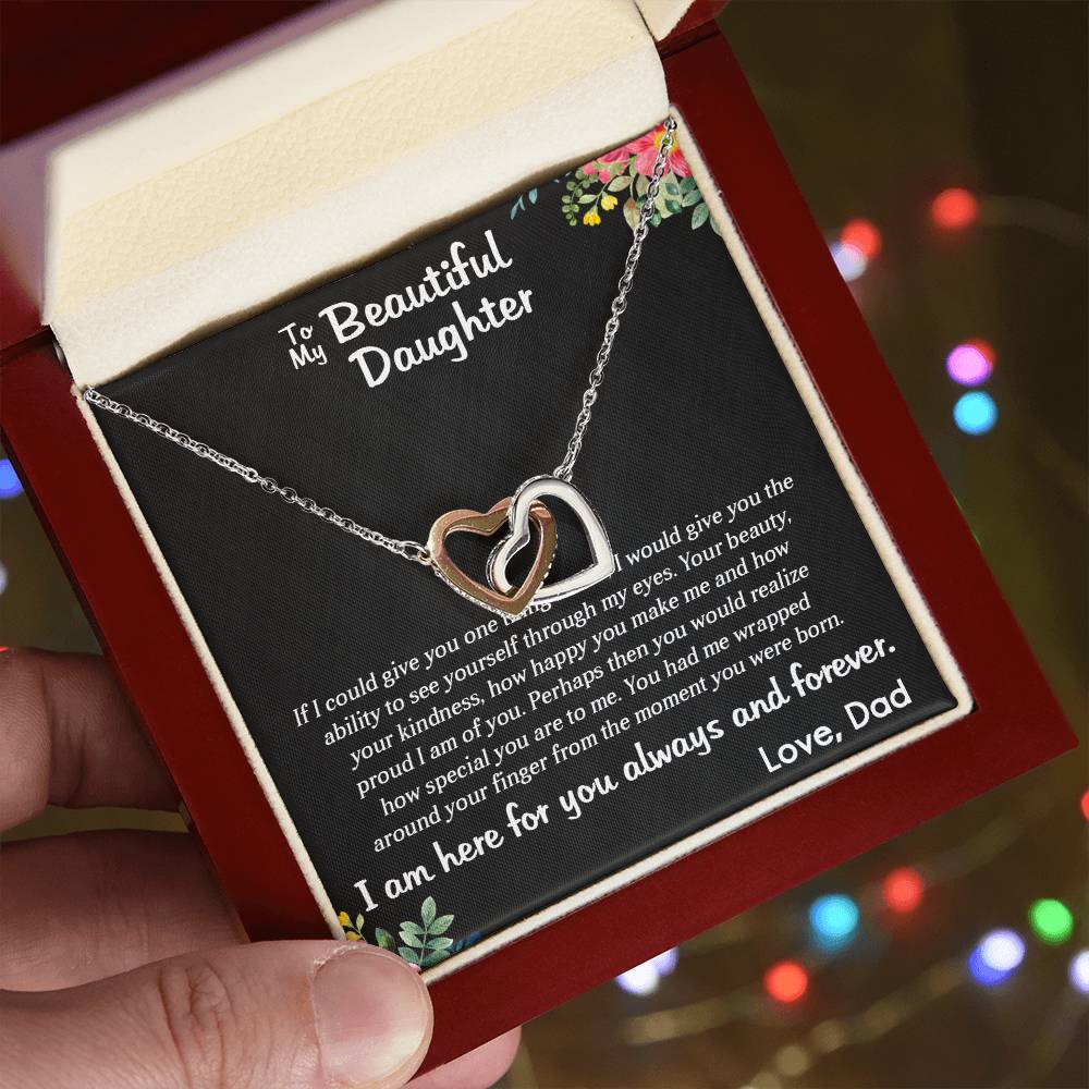 TO MY BEAUTIFUL DAUGHTER, INTERLOCKING HEART NECKLACE WITH MESSAGE CARD, BIRTHDAY GIFT FOR HER, UNQUE GIFT FOR DAUGHTER FROM DAD, ALWAYS AND FOREVER
