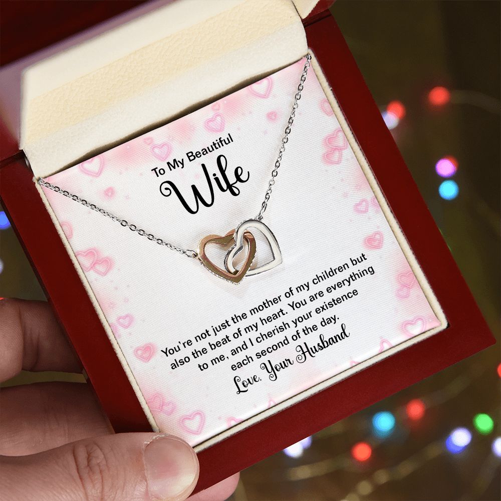 TO MY BEAUTIFUL WIFE, INTERLOCKING HEART NECKLACE WITH MESSAGE CARD, BIRTHDAY AND ANNIVERSARY GIFT, UNIQUE GIFT FO HER, NECKLACE JWELERY