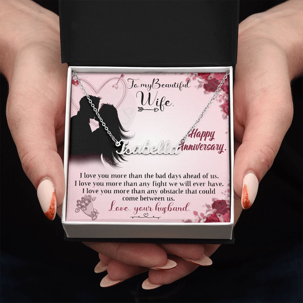 TO MY BEAUTIFUL WIFE HAPPY ANNIVERSARY, CUSTOM NAME NECKLACE, GIFT FOR HER, NECKLACE PENDANT WITH MESSAGE CARD, FOR WIFE FROM HUSBAND