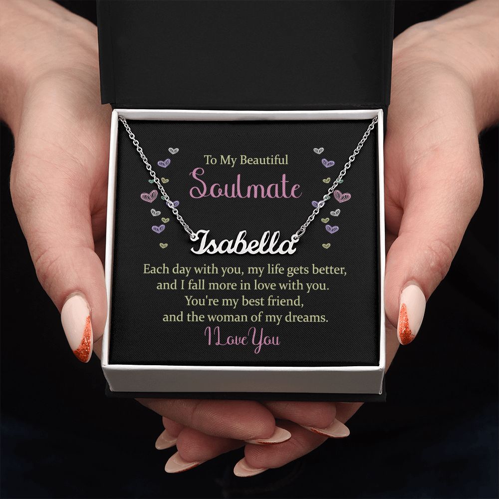 TO MY BEAUTIFUL SOULMATE, CUSTOM NAME NECKLACE, GIFT FOR HER, NECKLACE PENDANT WITH MESSAGE CARD, FOR WIFE FROM HUSBAND