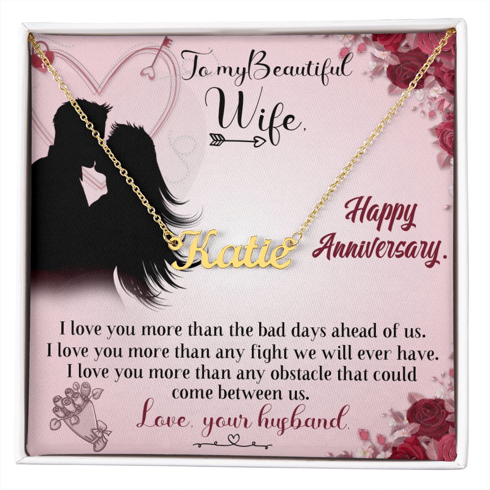 TO MY BEAUTIFUL WIFE HAPPY ANNIVERSARY, CUSTOM NAME NECKLACE, GIFT FOR HER, NECKLACE PENDANT WITH MESSAGE CARD, FOR WIFE FROM HUSBAND