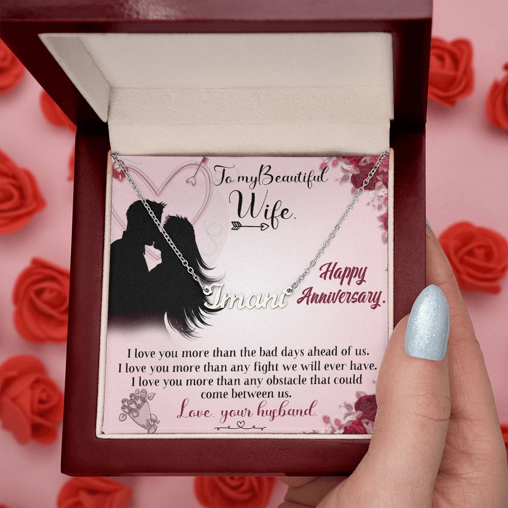 TO MY BEAUTIFUL WIFE HAPPY ANNIVERSARY, CUSTOM NAME NECKLACE, GIFT FOR HER, NECKLACE PENDANT WITH MESSAGE CARD, FOR WIFE FROM HUSBAND