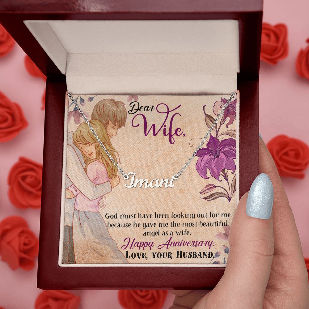 HAPPY ANNIVERSARY, CUSTOM NAME NECKLACE, GIFT FOR HER, NECKLACE PENDANT WITH MESSAGE CARD, FOR WIFE FROM HUSBAND