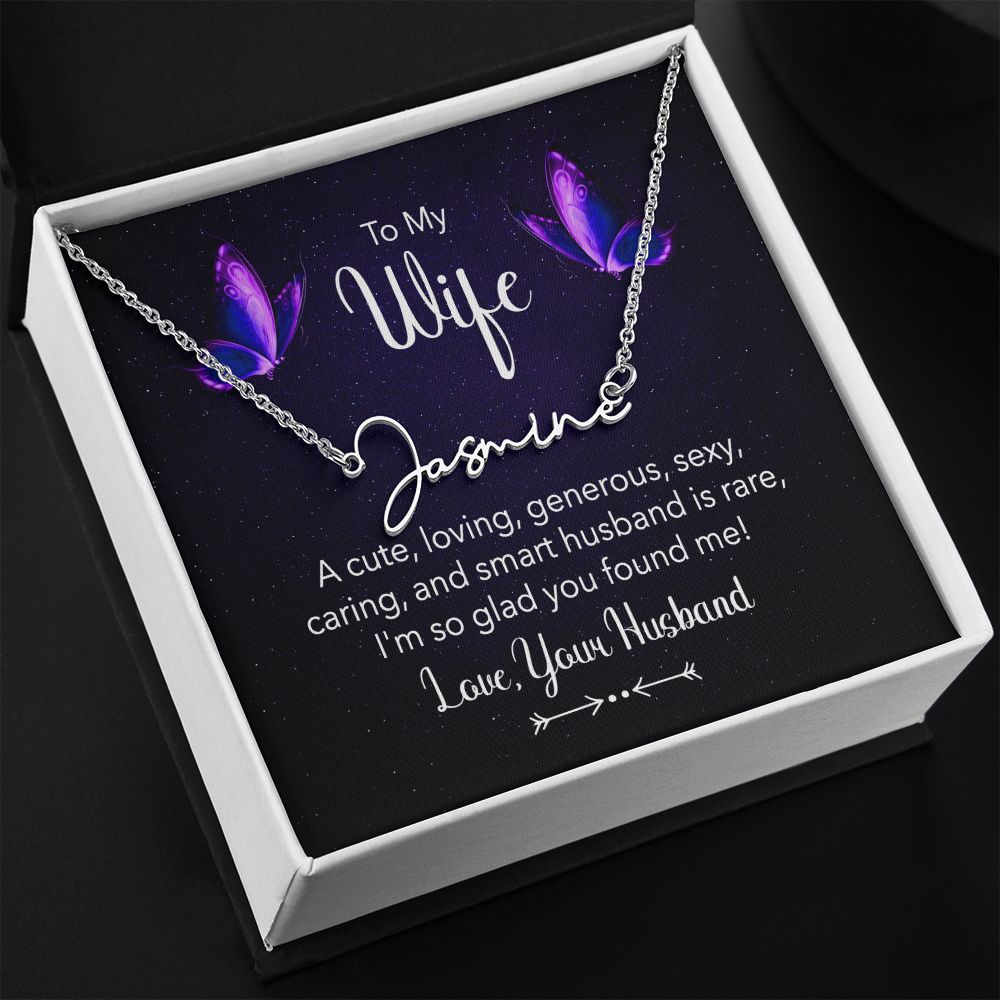 TO MY WIFE, SIGNATURE NAME NECKLACE, GIFT FOR HER, NECKLACE PENDANT WITH MESSAGE CARD, FOR WIFE FROM HUSBAND
