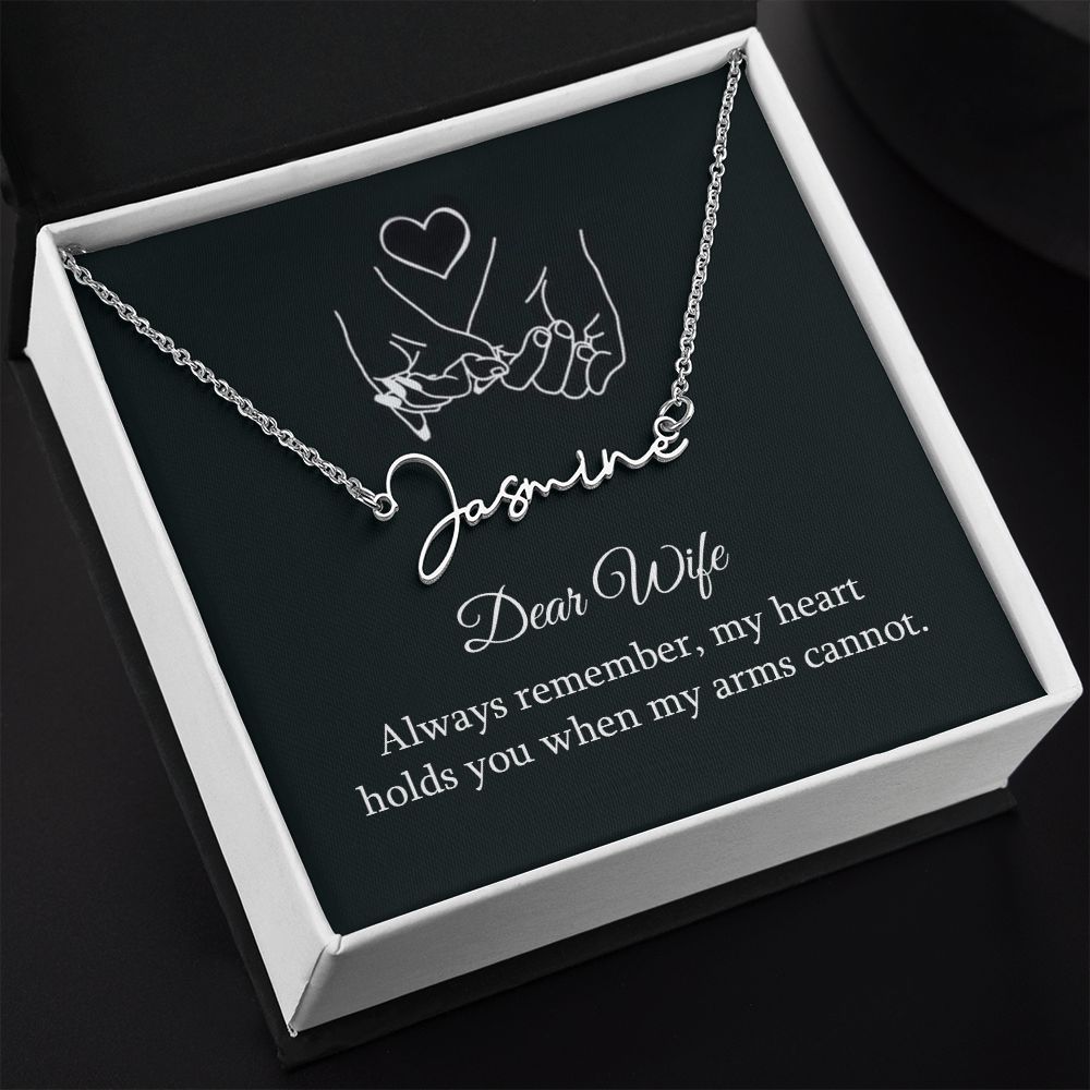 DEAR WIFE, SIGNATURE NAME NECKLACE WITH HEART CHARACTER, BIRTHDAY GIFT FOR HER, NECKLACE PENDANT WITH MESSAGE CARD, FOR WIFE FROM HUSBAND