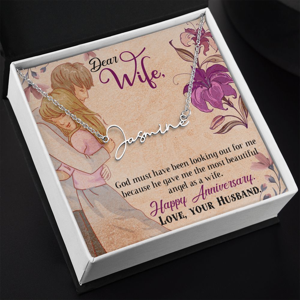 HAPPY ANNIVERSARY, SIGNATURE NAME NECKLACE, GIFT FOR HER, NECKLACE PENDANT WITH MESSAGE CARD, FOR WIFE FROM HUSBAND