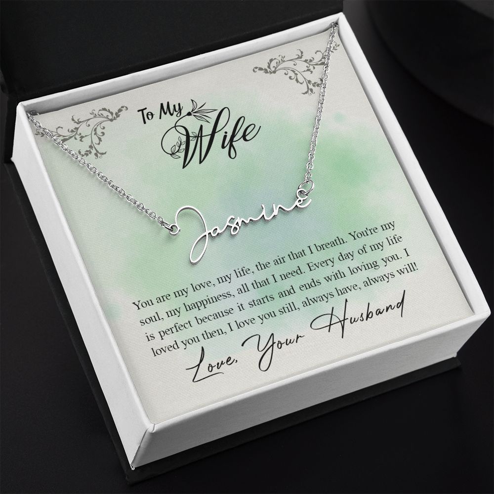 TO MY WIFE, SIGNATURE NAME NECKLACE, BIRTHDAY GIFT FOR HER, NECKLACE PENDANT WITH MESSAGE CARD, FOR WIFE FROM HUSBAND