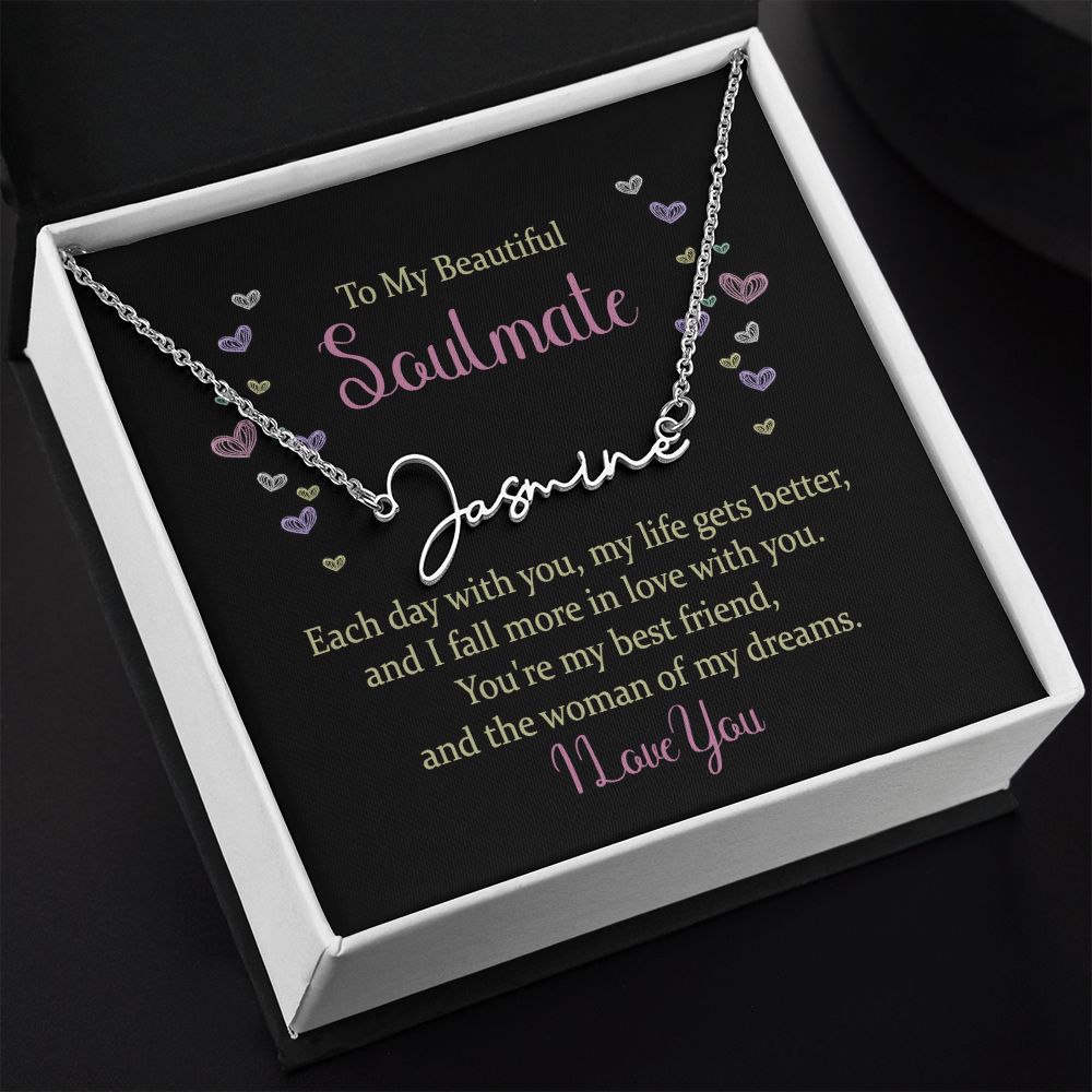 TO MY BEAUTIFUL SOULMATE, SIGNATURE NAME NECKLACE, GIFT FOR HER, NECKLACE PENDANT WITH MESSAGE CARD, FOR WIFE FROM HUSBAND