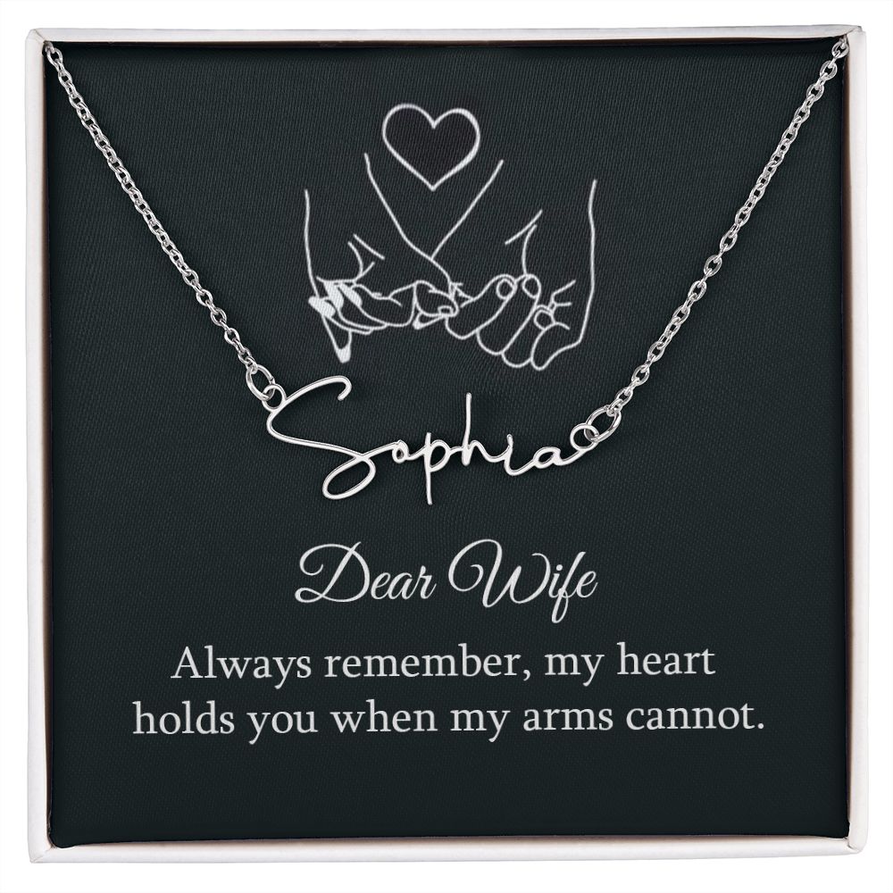 DEAR WIFE, SIGNATURE NAME NECKLACE WITH HEART CHARACTER, BIRTHDAY GIFT FOR HER, NECKLACE PENDANT WITH MESSAGE CARD, FOR WIFE FROM HUSBAND