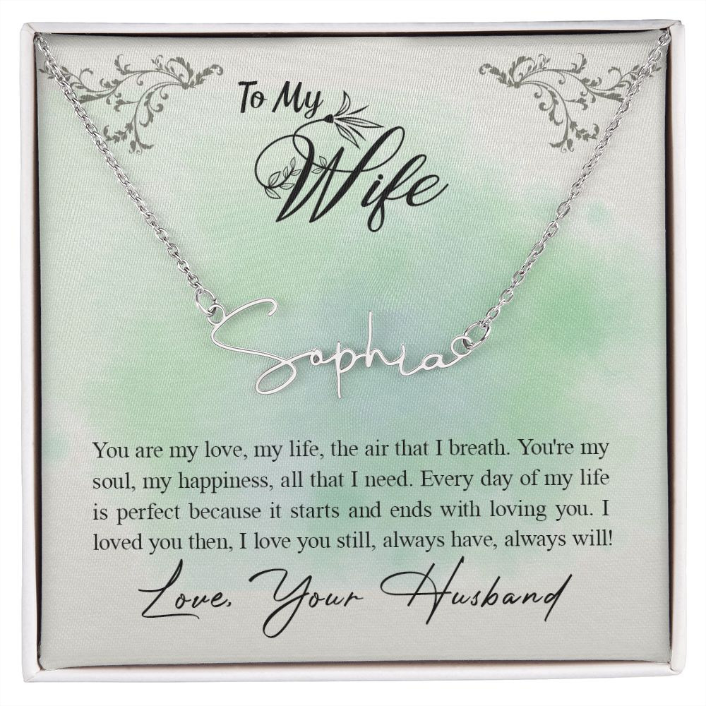 TO MY WIFE, SIGNATURE NAME NECKLACE, BIRTHDAY GIFT FOR HER, NECKLACE PENDANT WITH MESSAGE CARD, FOR WIFE FROM HUSBAND