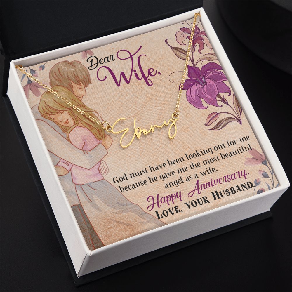 HAPPY ANNIVERSARY, SIGNATURE NAME NECKLACE, GIFT FOR HER, NECKLACE PENDANT WITH MESSAGE CARD, FOR WIFE FROM HUSBAND