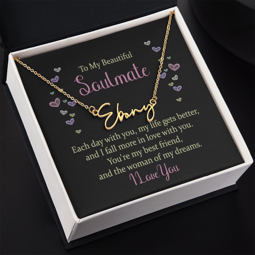 TO MY BEAUTIFUL SOULMATE, SIGNATURE NAME NECKLACE, GIFT FOR HER, NECKLACE PENDANT WITH MESSAGE CARD, FOR WIFE FROM HUSBAND