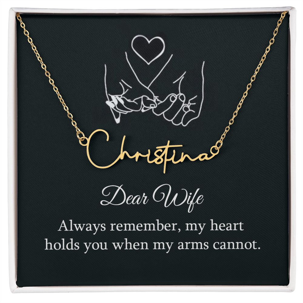 DEAR WIFE, SIGNATURE NAME NECKLACE WITH HEART CHARACTER, BIRTHDAY GIFT FOR HER, NECKLACE PENDANT WITH MESSAGE CARD, FOR WIFE FROM HUSBAND