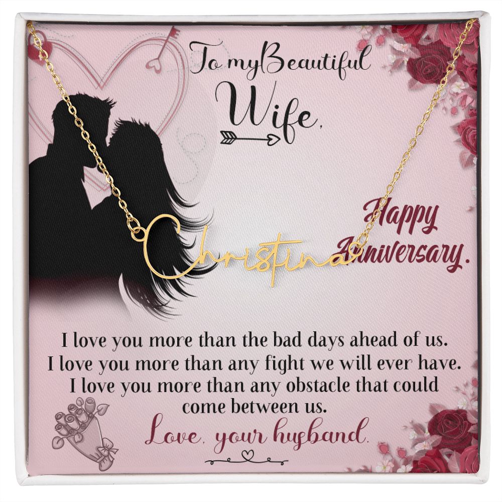 TO MY BEAUTIFUL WIFE HAPPY ANNIVERSARY, SIGNATURE NAME NECKLACE, GIFT FOR HER, NECKLACE PENDANT WITH MESSAGE CARD, FOR WIFE FROM HUSBAND