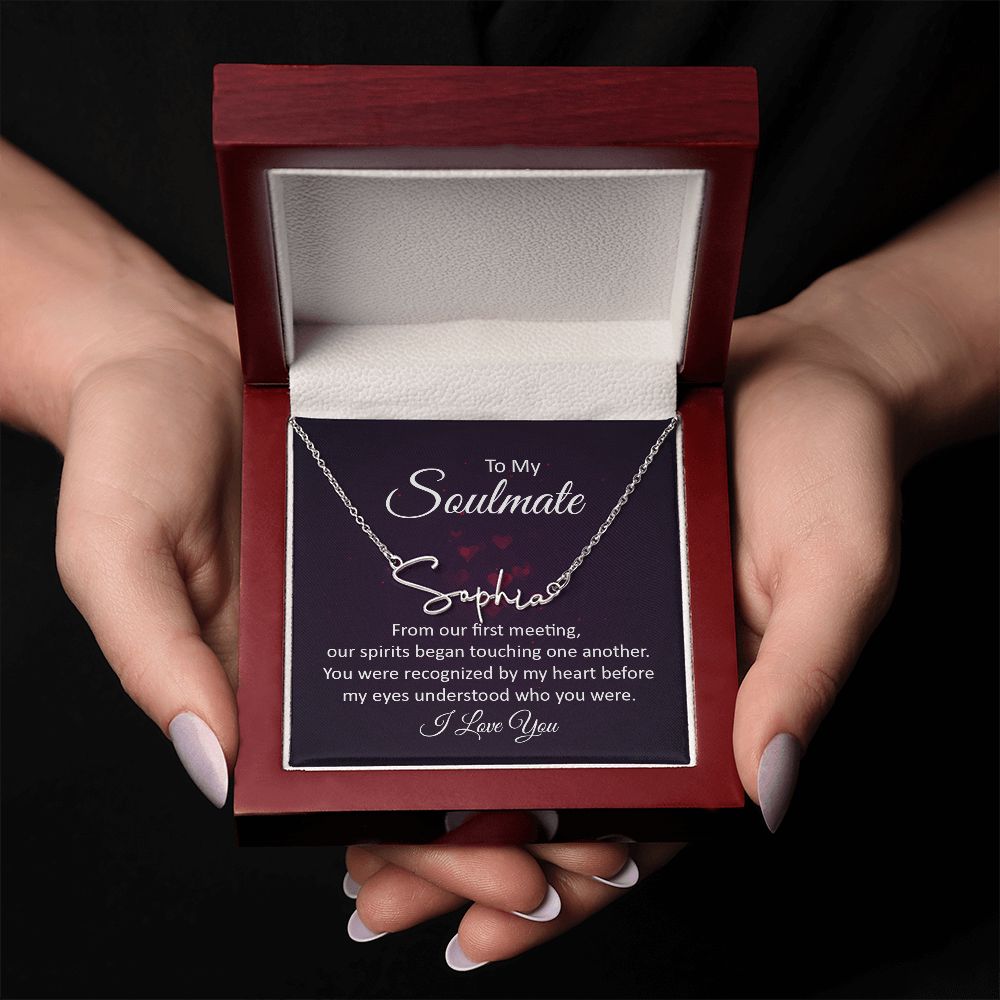 TO MY SOULMATE, SIGNATURE NAME NECKLACE, GIFT FOR HER, NECKLACE PENDANT WITH MESSAGE CARD, FOR WIFE FROM HUSBAND