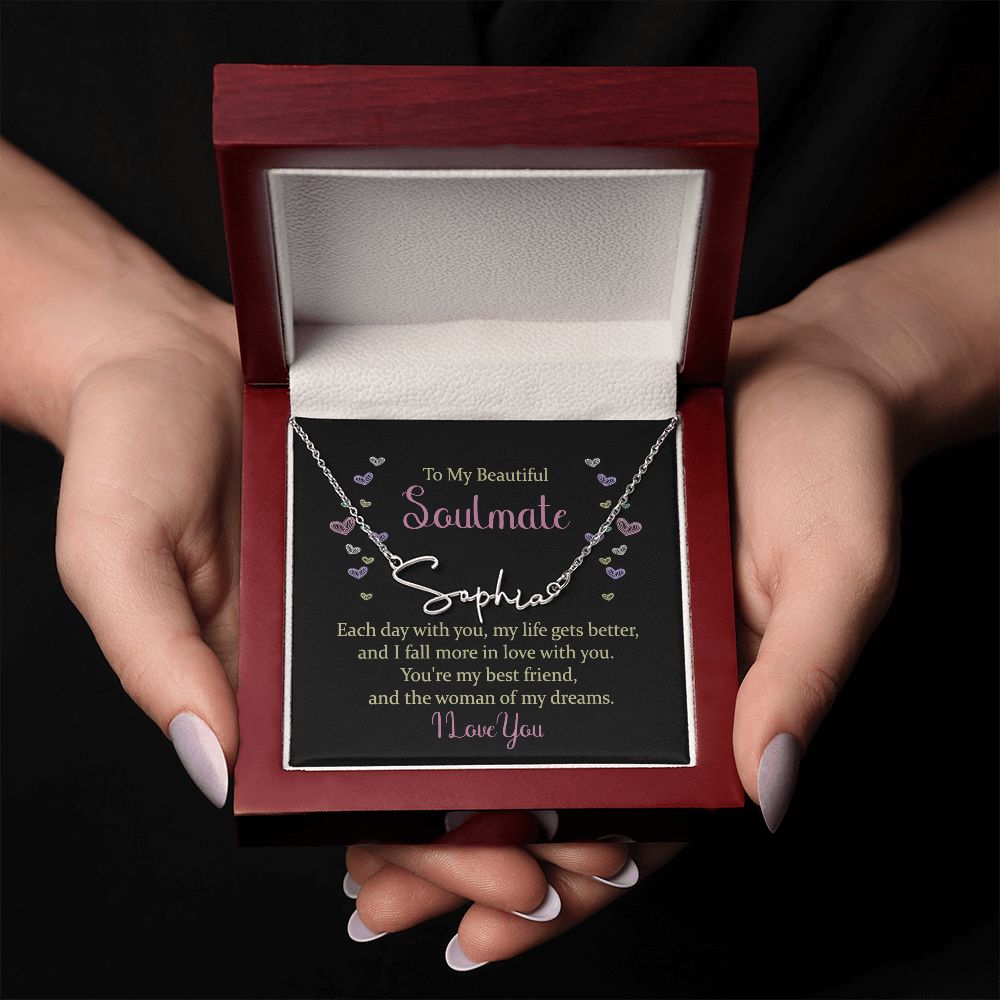 TO MY BEAUTIFUL SOULMATE, SIGNATURE NAME NECKLACE, GIFT FOR HER, NECKLACE PENDANT WITH MESSAGE CARD, FOR WIFE FROM HUSBAND