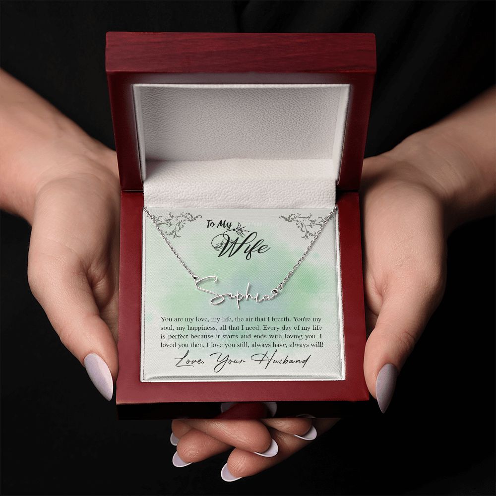 TO MY WIFE, SIGNATURE NAME NECKLACE, BIRTHDAY GIFT FOR HER, NECKLACE PENDANT WITH MESSAGE CARD, FOR WIFE FROM HUSBAND