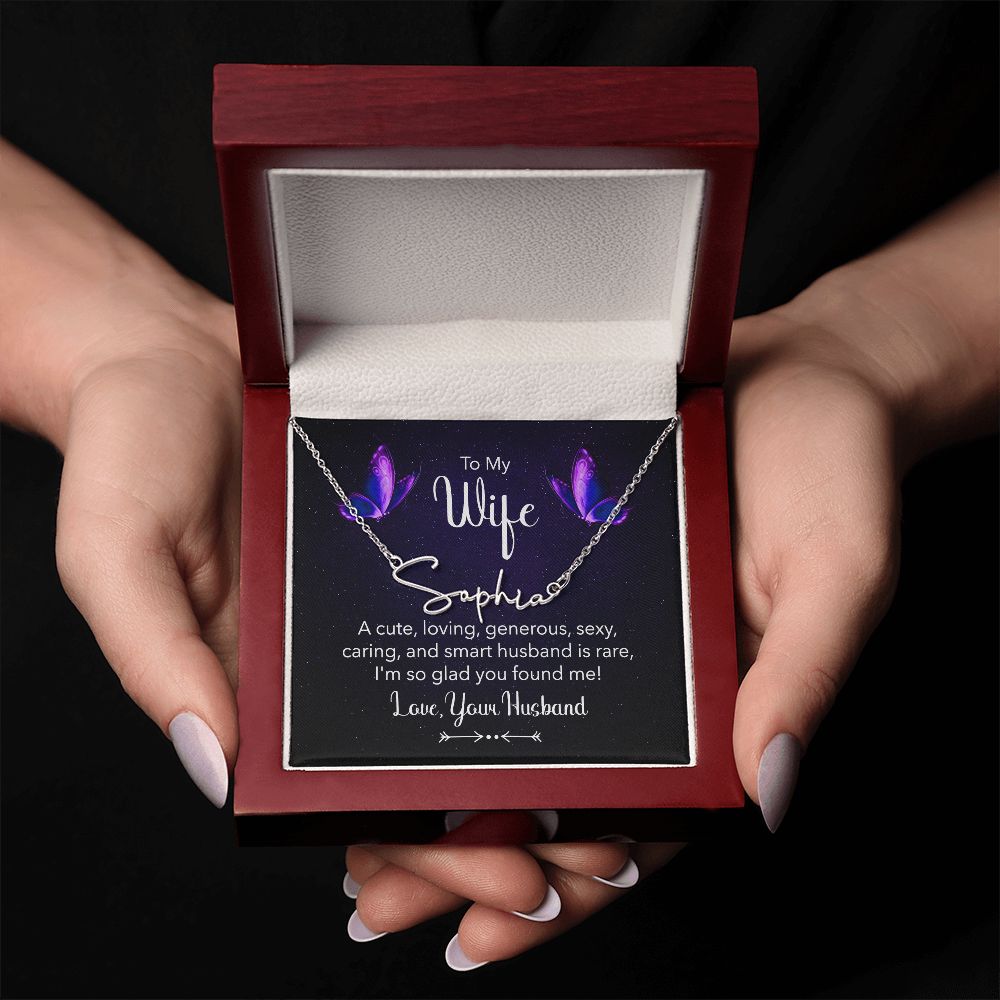 TO MY WIFE, SIGNATURE NAME NECKLACE, GIFT FOR HER, NECKLACE PENDANT WITH MESSAGE CARD, FOR WIFE FROM HUSBAND