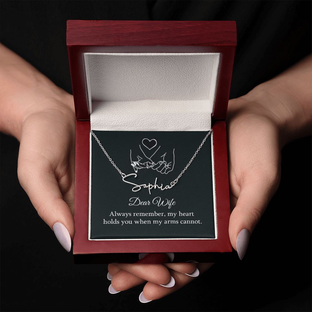 DEAR WIFE, SIGNATURE NAME NECKLACE WITH HEART CHARACTER, BIRTHDAY GIFT FOR HER, NECKLACE PENDANT WITH MESSAGE CARD, FOR WIFE FROM HUSBAND