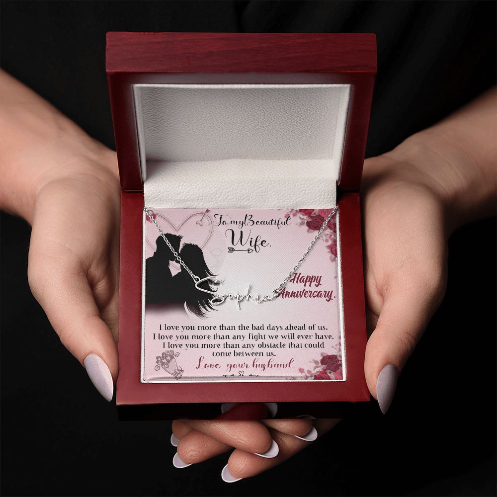 TO MY BEAUTIFUL WIFE HAPPY ANNIVERSARY, SIGNATURE NAME NECKLACE, GIFT FOR HER, NECKLACE PENDANT WITH MESSAGE CARD, FOR WIFE FROM HUSBAND