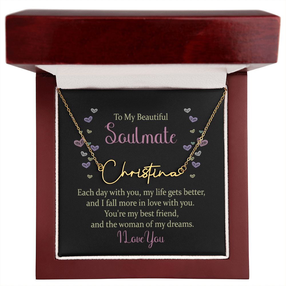 TO MY BEAUTIFUL SOULMATE, SIGNATURE NAME NECKLACE, GIFT FOR HER, NECKLACE PENDANT WITH MESSAGE CARD, FOR WIFE FROM HUSBAND