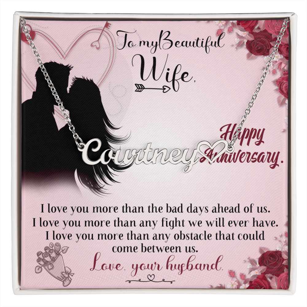 TO MY BEAUTIFUL WIFE HAPPY ANNIVERSARY, CUSTOM NAME WITH HEART NECKLACE, GIFT FOR HER, NECKLACE PENDANT WITH MESSAGE CARD, FOR WIFE FROM HUSBAND