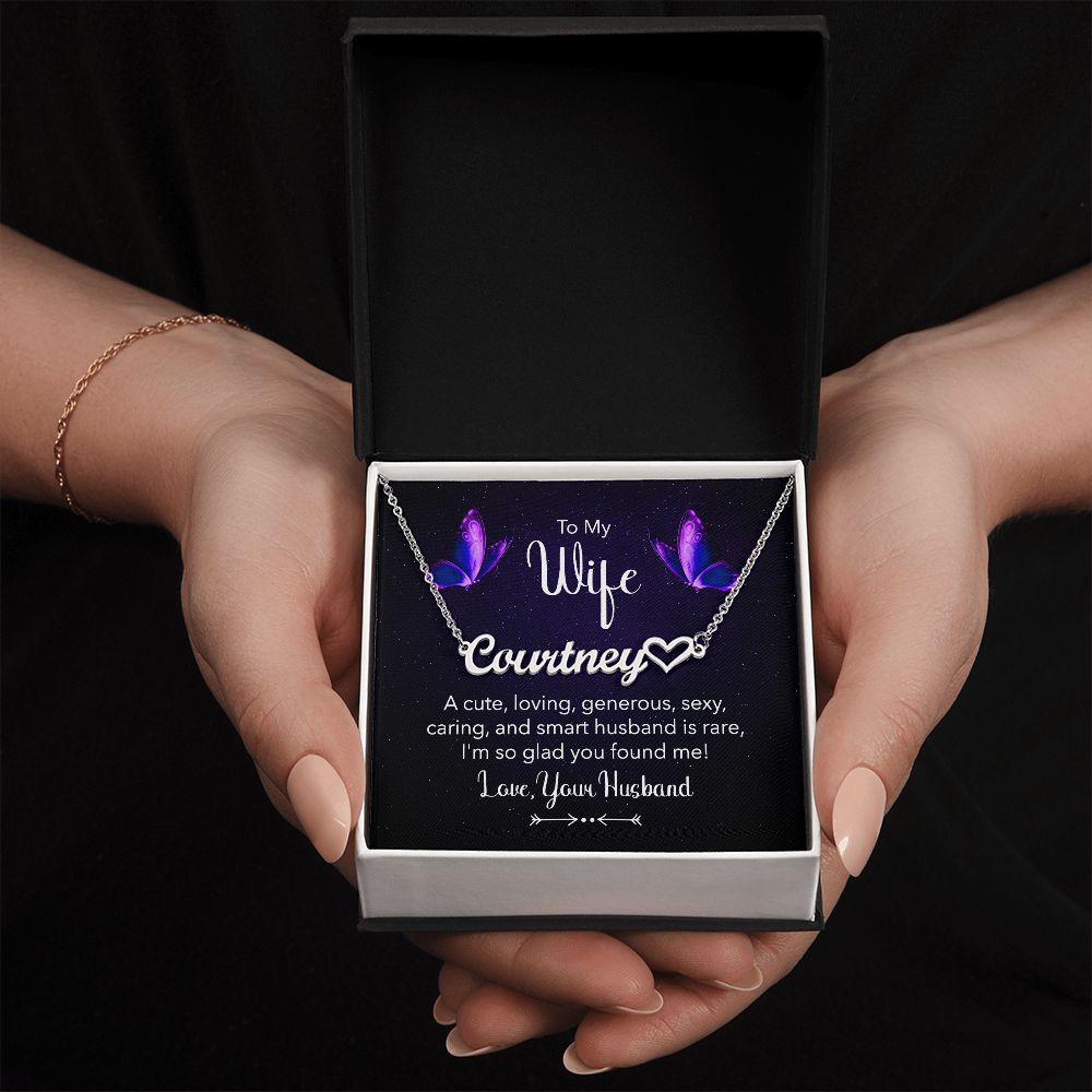TO MY WIFE, CUSTOM NAME WITH HEART NECKLACE, GIFT FOR HER, NECKLACE PENDANT WITH MESSAGE CARD, FOR WIFE FROM HUSBAND