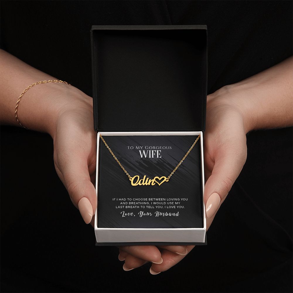 TO MY GORGEOUS WIFE, CUSTOM NAME WITH HEART NECKLACE, GIFT FOR HER, NECKLACE PENDANT WITH MESSAGE CARD, FOR WIFE FROM HUSBAND