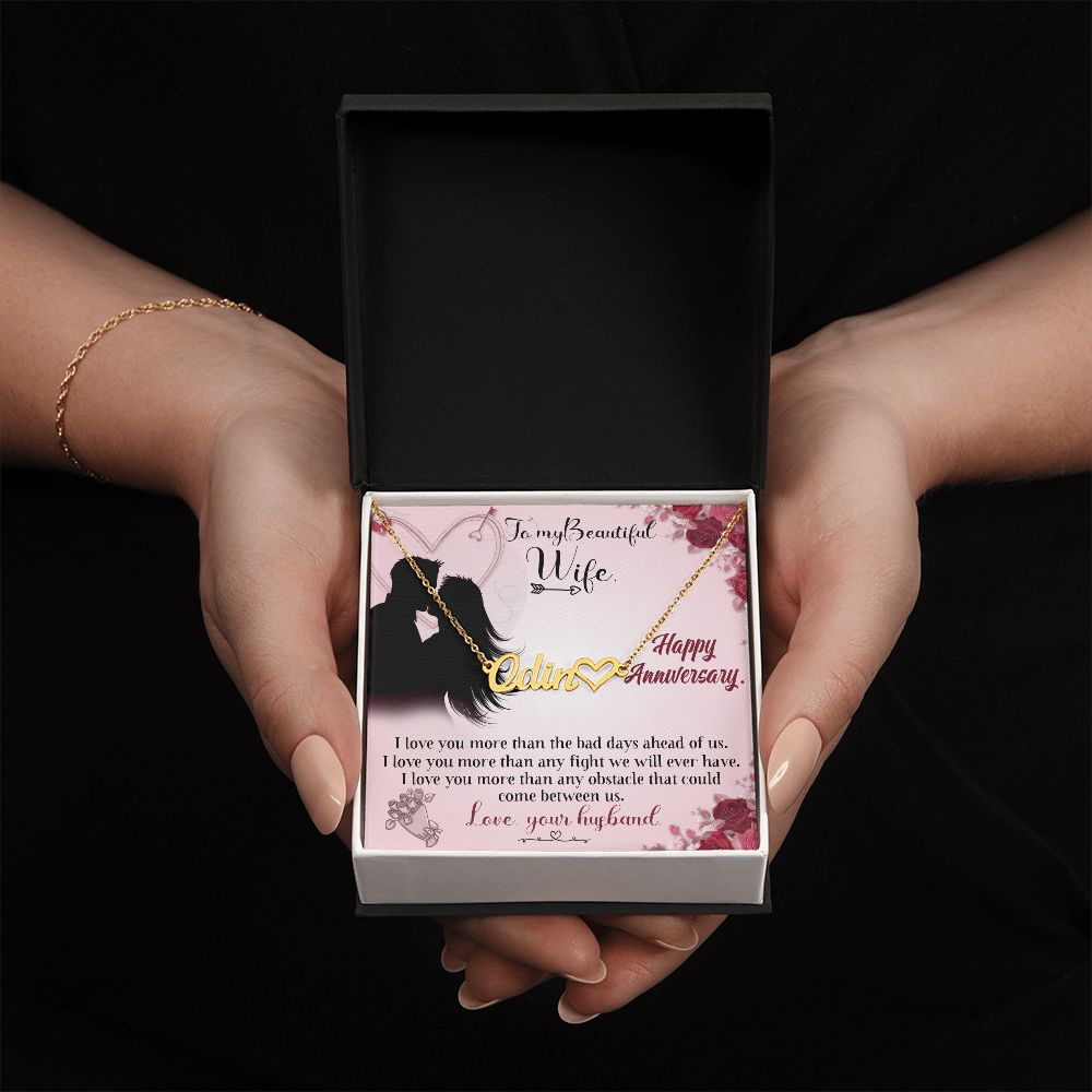 TO MY BEAUTIFUL WIFE HAPPY ANNIVERSARY, CUSTOM NAME WITH HEART NECKLACE, GIFT FOR HER, NECKLACE PENDANT WITH MESSAGE CARD, FOR WIFE FROM HUSBAND