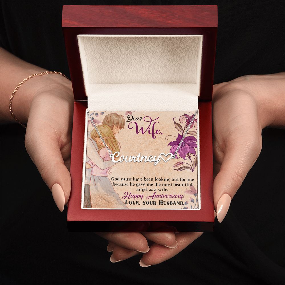 HAPPY ANNIVERSARY, CUSTOM NAME WITH HEART NECKLACE, GIFT FOR HER, NECKLACE PENDANT WITH MESSAGE CARD, FOR WIFE FROM HUSBAND
