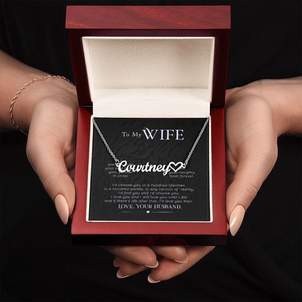 MY WIFE, CUSTOM NAME WITH HEART NECKLACE, GIFT FOR HER, NECKLACE PENDANT WITH MESSAGE CARD, FOR WIFE FROM HUSBAND