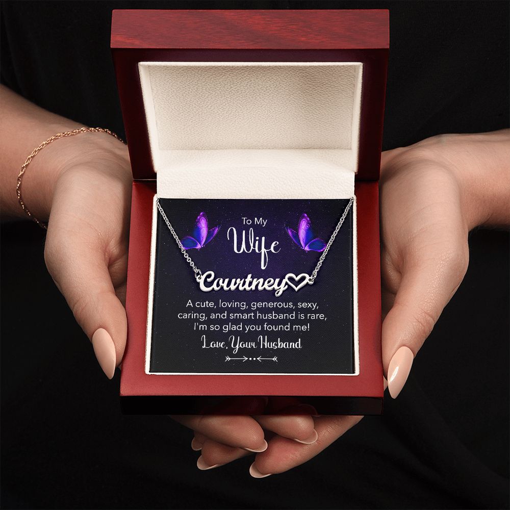 TO MY WIFE, CUSTOM NAME WITH HEART NECKLACE, GIFT FOR HER, NECKLACE PENDANT WITH MESSAGE CARD, FOR WIFE FROM HUSBAND