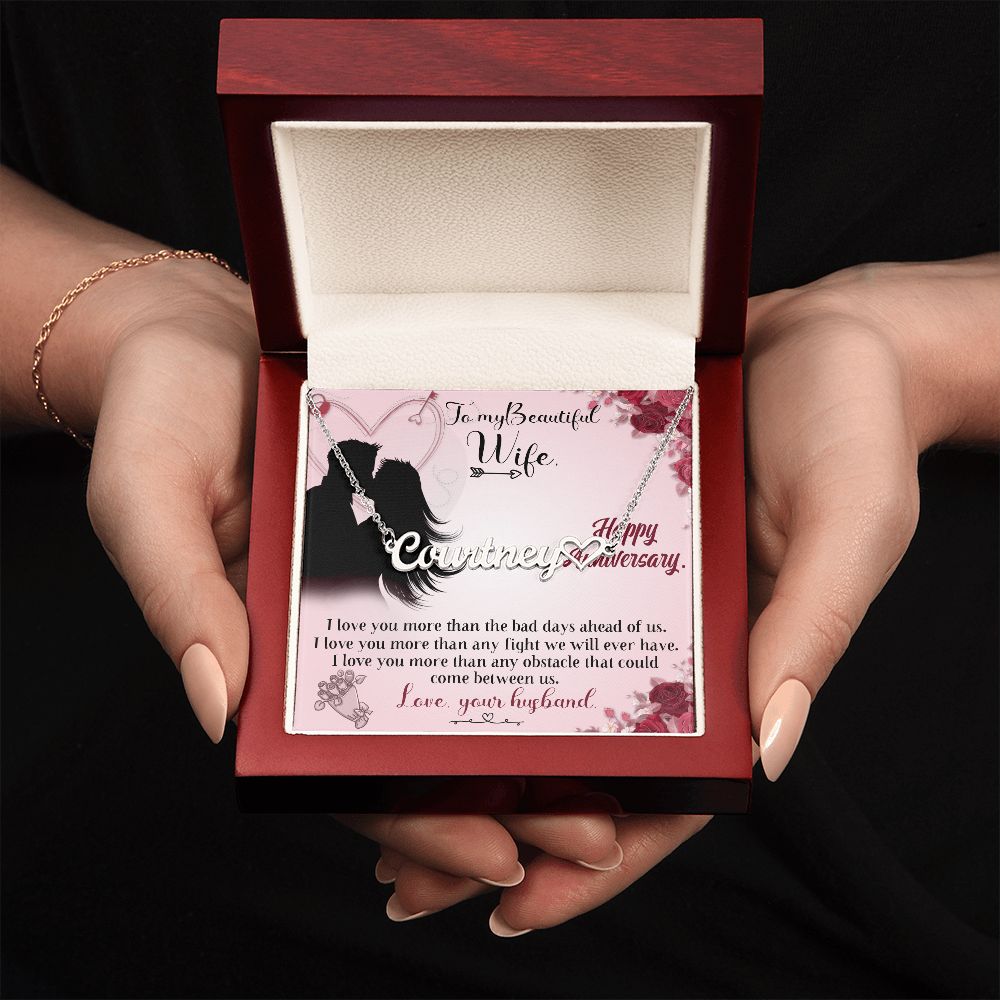 TO MY BEAUTIFUL WIFE HAPPY ANNIVERSARY, CUSTOM NAME WITH HEART NECKLACE, GIFT FOR HER, NECKLACE PENDANT WITH MESSAGE CARD, FOR WIFE FROM HUSBAND