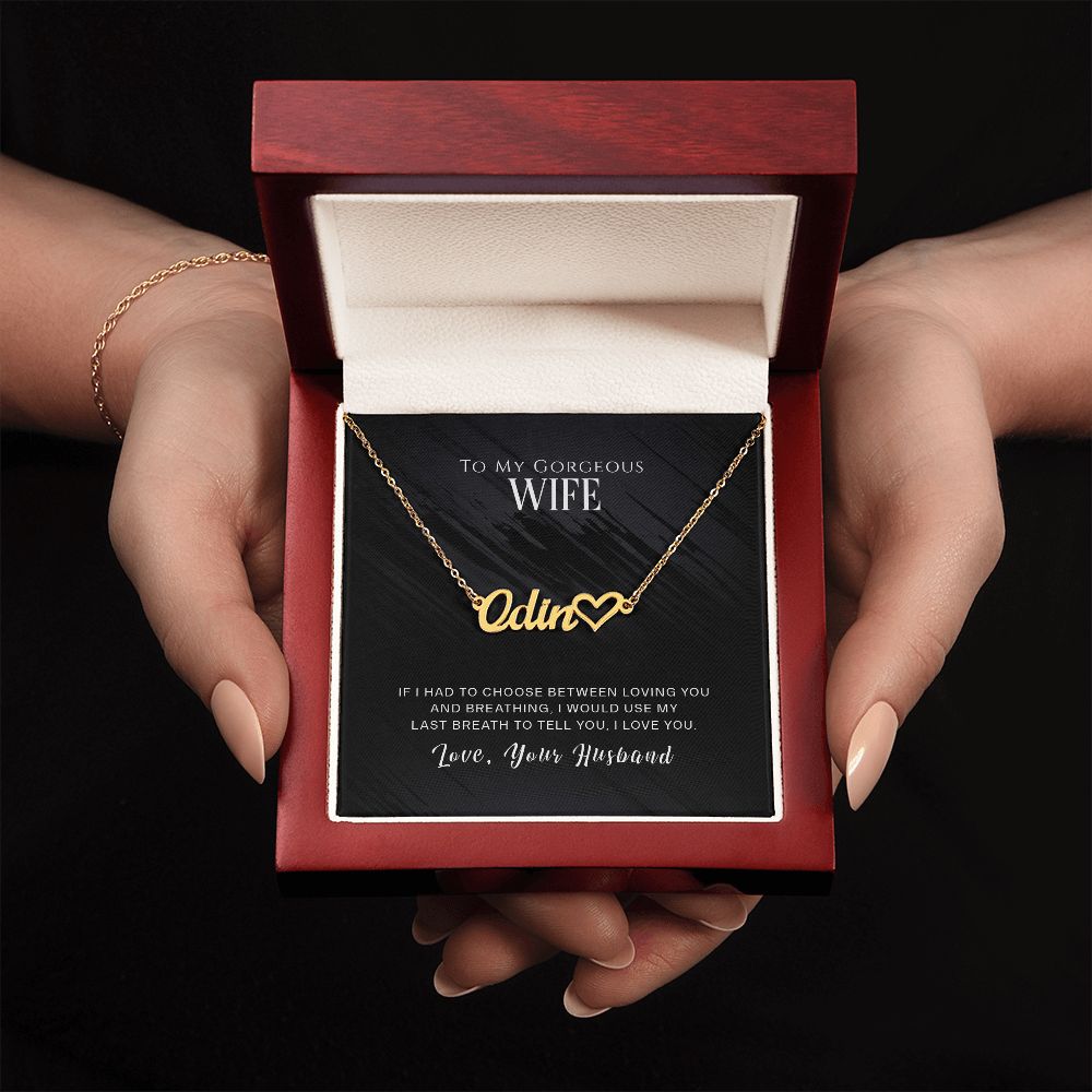TO MY GORGEOUS WIFE, CUSTOM NAME WITH HEART NECKLACE, GIFT FOR HER, NECKLACE PENDANT WITH MESSAGE CARD, FOR WIFE FROM HUSBAND