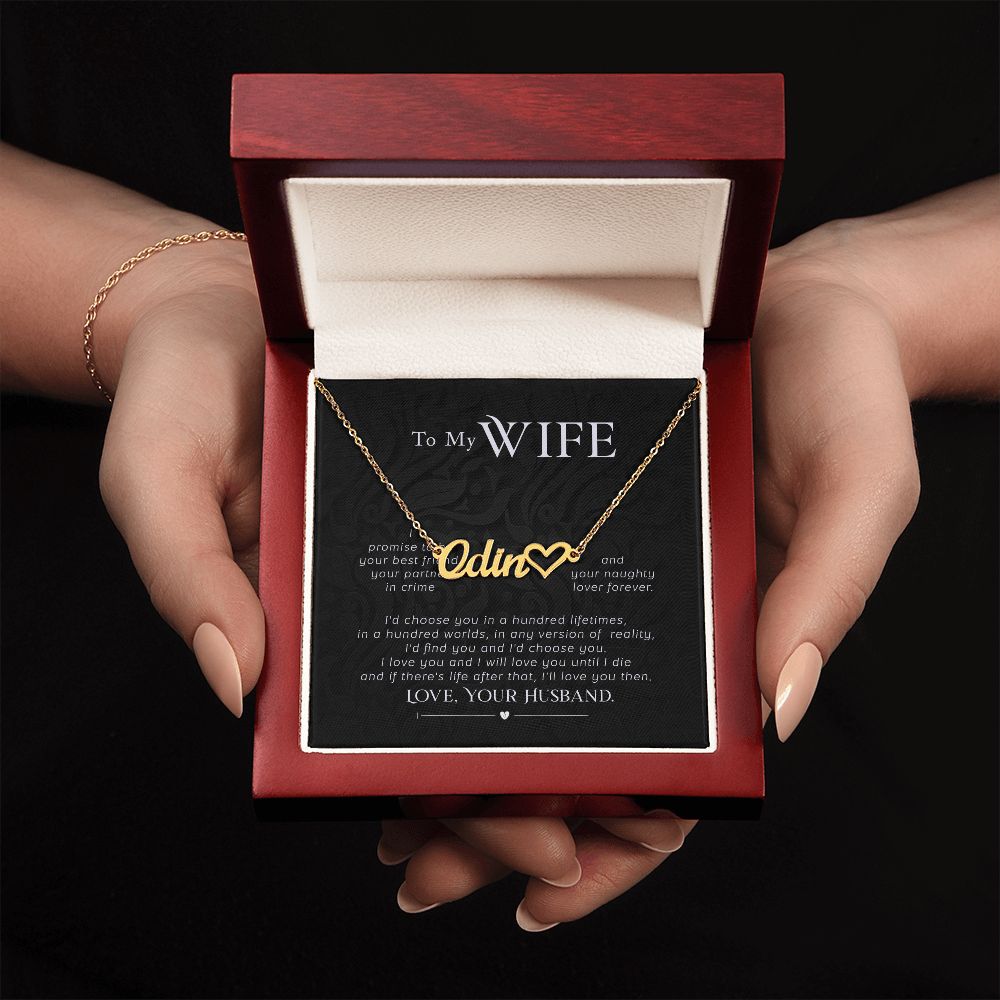 MY WIFE, CUSTOM NAME WITH HEART NECKLACE, GIFT FOR HER, NECKLACE PENDANT WITH MESSAGE CARD, FOR WIFE FROM HUSBAND